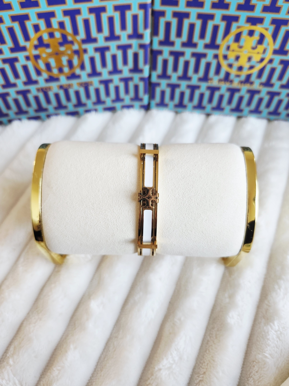 Tory Burch Gold Bracelet with White Inset and Logo Detail